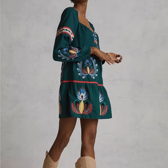 NWT Anthropologie Let Me Be Embroidered Tunic Dress Green Size XXS - Picture 3 of 4